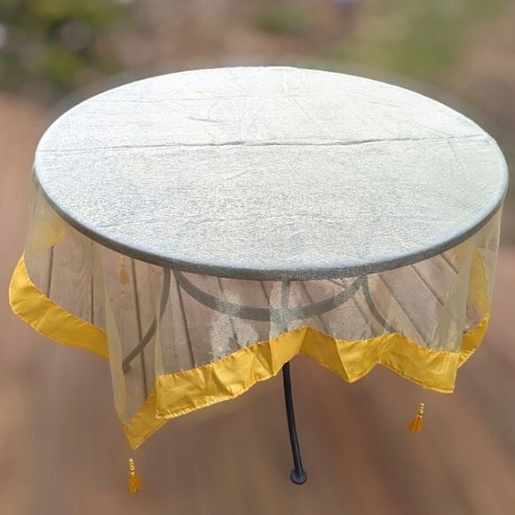 Golden Yellow Organza Tassel Trimmed Sheer Tablecloth 54" - Picture 2 of 8